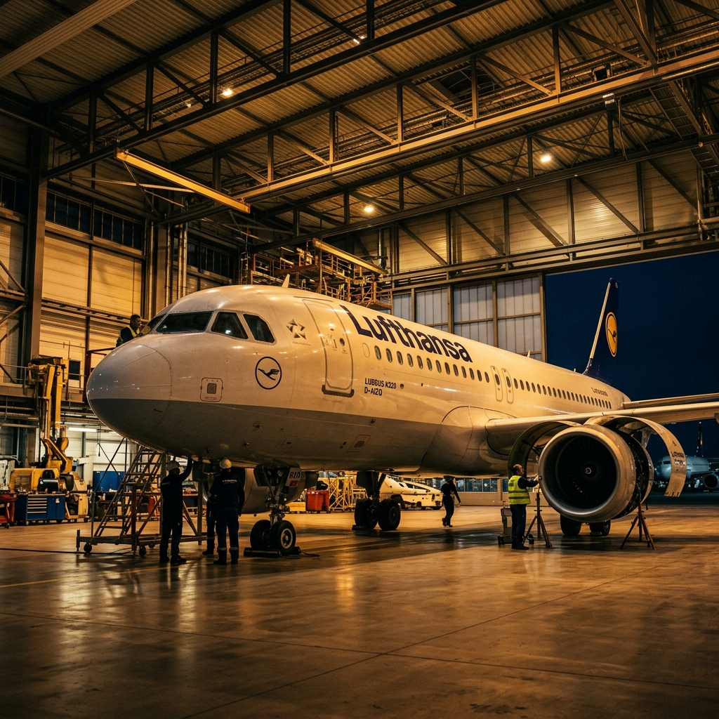 Aircraft in maintenance hangar during technical inspection